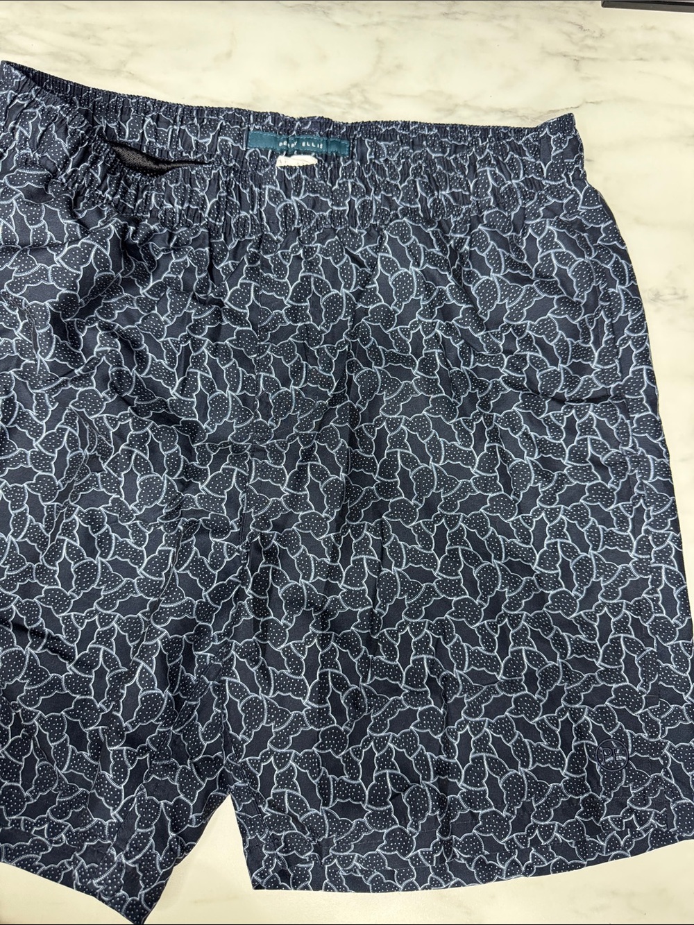 Perry Ellis Navy and White Leaf-Pattern Swim Trunks